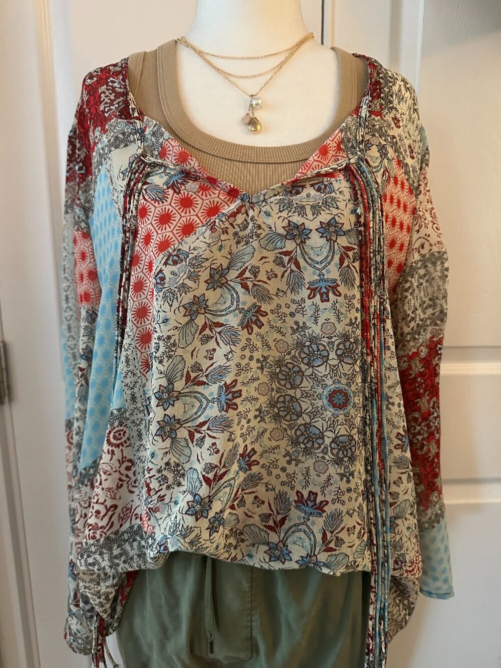 Unity World Wear Bohemian Patchwork Print Tassel Blouse XL